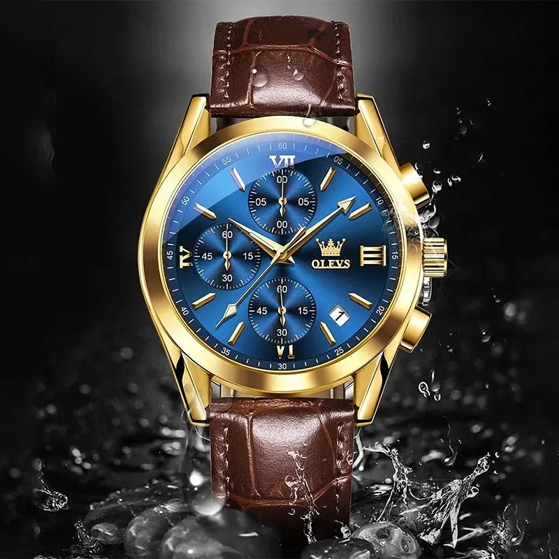 OLEVS 2872 Men's Chronograph Blue Dial Leather Watch